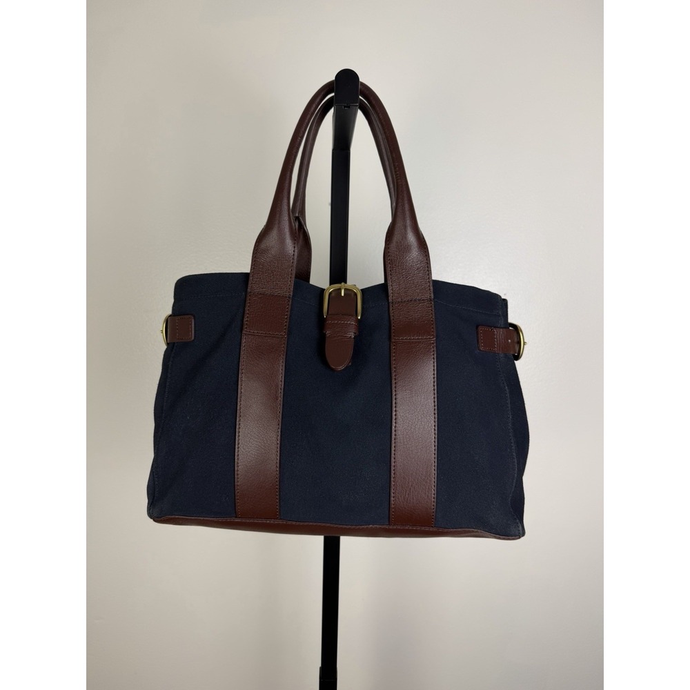LANDS' END Blue Suede Hand Bag Brown Smooth Leather Trim